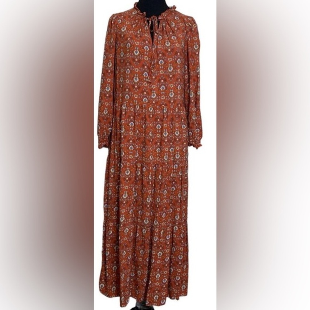 MAX STUDIO 100% Rayon Rust Floral Long Sleeved Tiered Dress Size M
